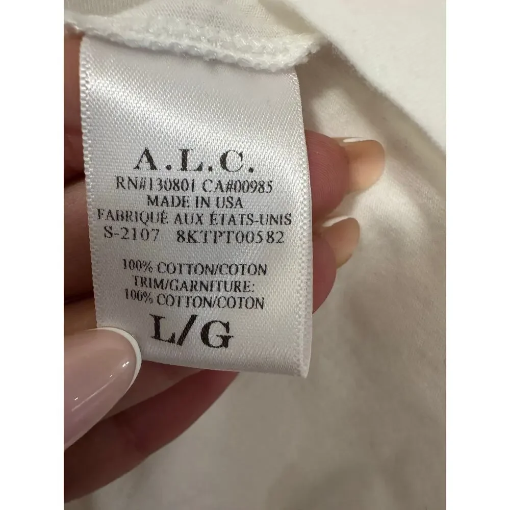 A.L.C Marco T-Shirt Women's L White Cotton Open Tie Back Crew Neck Long Sleeve